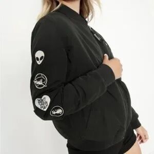Blackmilk Black Galaxy Bomber Jacket with Alien Cat Shark Patch XL